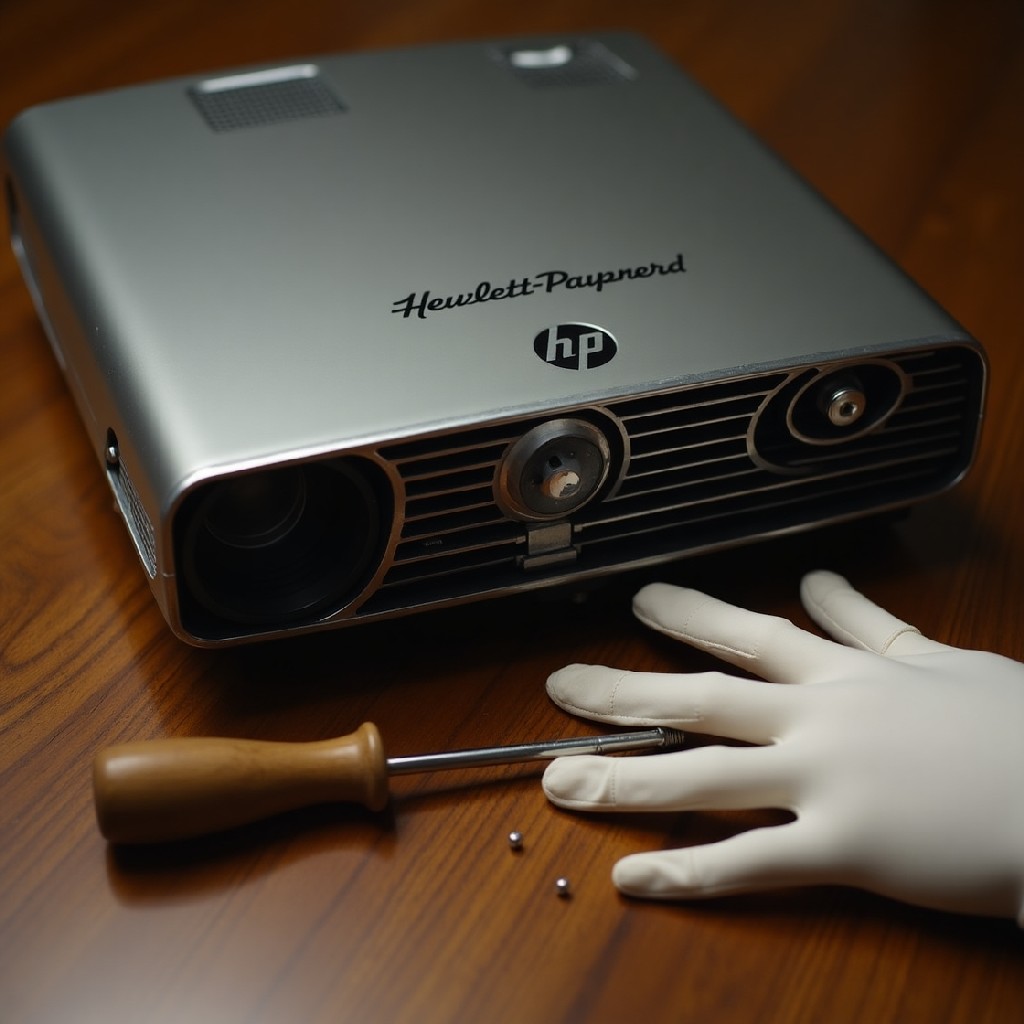 Проектор HP із яскравим світлом проекційної лінзи, що розташований на столі. Чітка конструкція корпусу та сучасний дизайн підкреслюють високу якість пристрою.