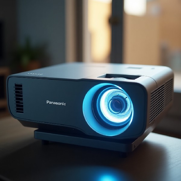 Проектор Panasonic із яскравим світлом проекційної лінзи, що розташований на столі. Чітка конструкція корпусу та сучасний дизайн підкреслюють високу якість пристрою.