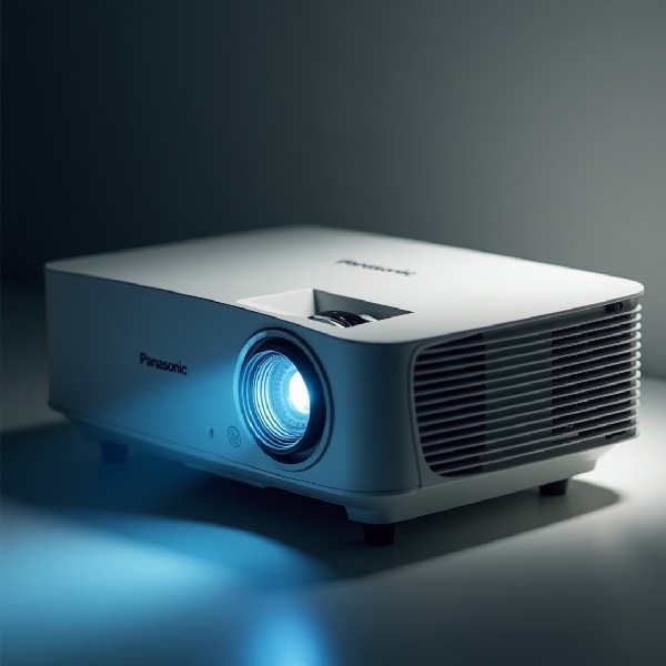 Проектор Panasonic з увімкненим об’єктивом, що випромінює яскраве світло. Апарат розташований у затемненому приміщенні, що підкреслює контрастність та ефективність роботи пристрою